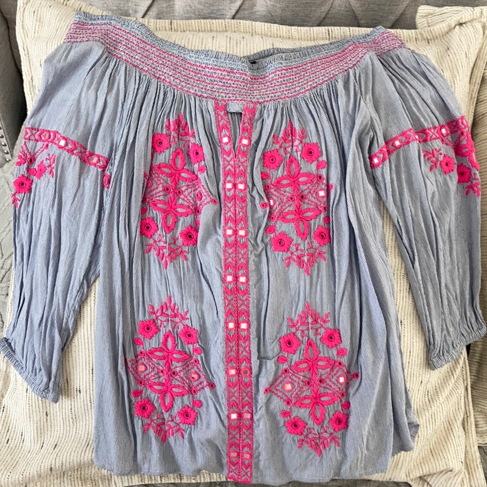INC Off-The-Shoulder Blouse with Pink Embroidery, Medium